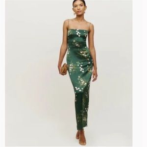 Reformation Frankie dress in hyena green white floral maxi
